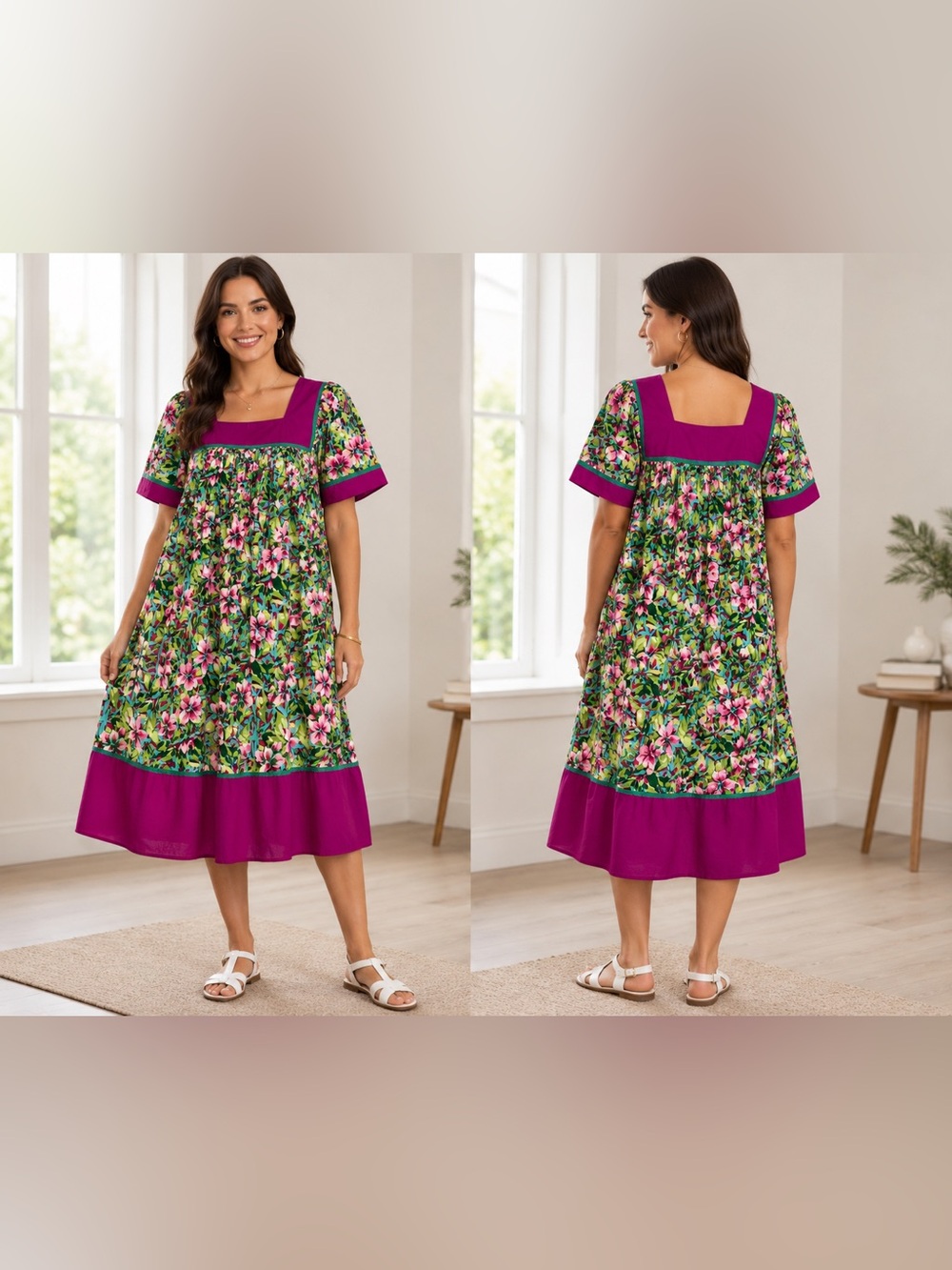 Bechamel Floral Cotton Square Neck Dress Sz Small Pink & Green Cottagecore